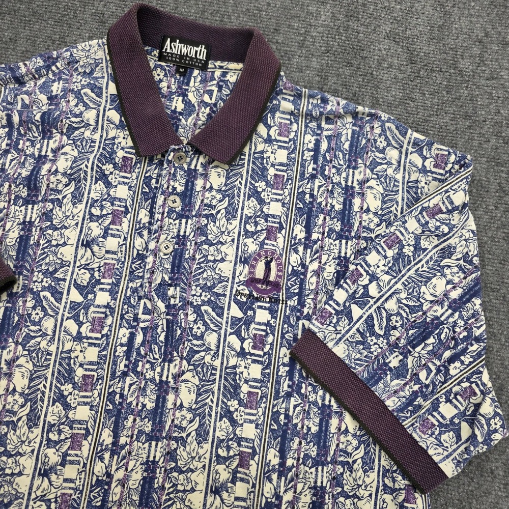 Vtg Ashworth Blue Purple Floral Stripe Polo Shirt Springhouse Golf Opryland